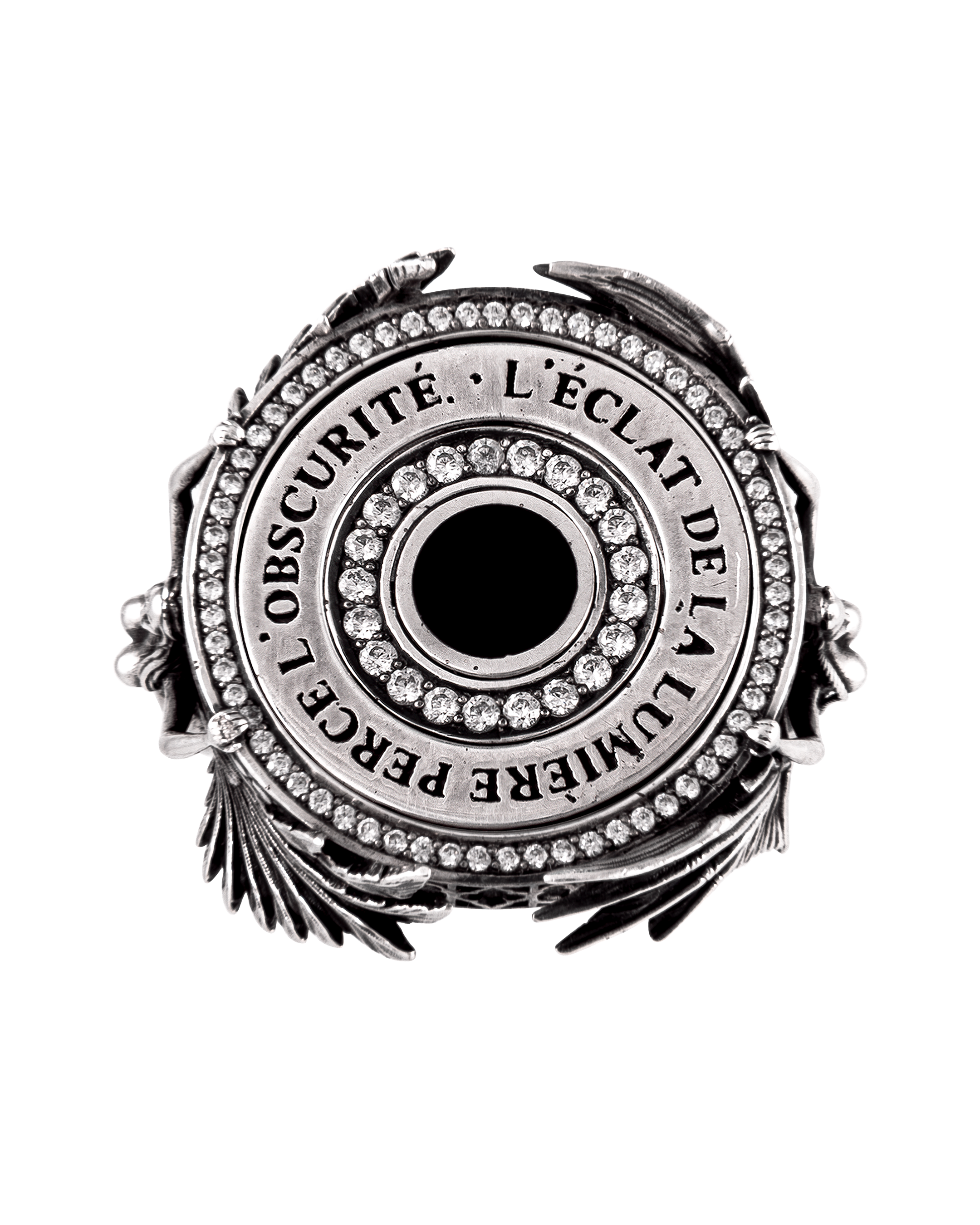 Overhead shot of Heaven Hell by Clear Jewelry — polished silver 925 limited edition ring, Jewelry.Archive exclusive, showcasing luxury craftsmanship, dual-world symbolism, and modern artistry.