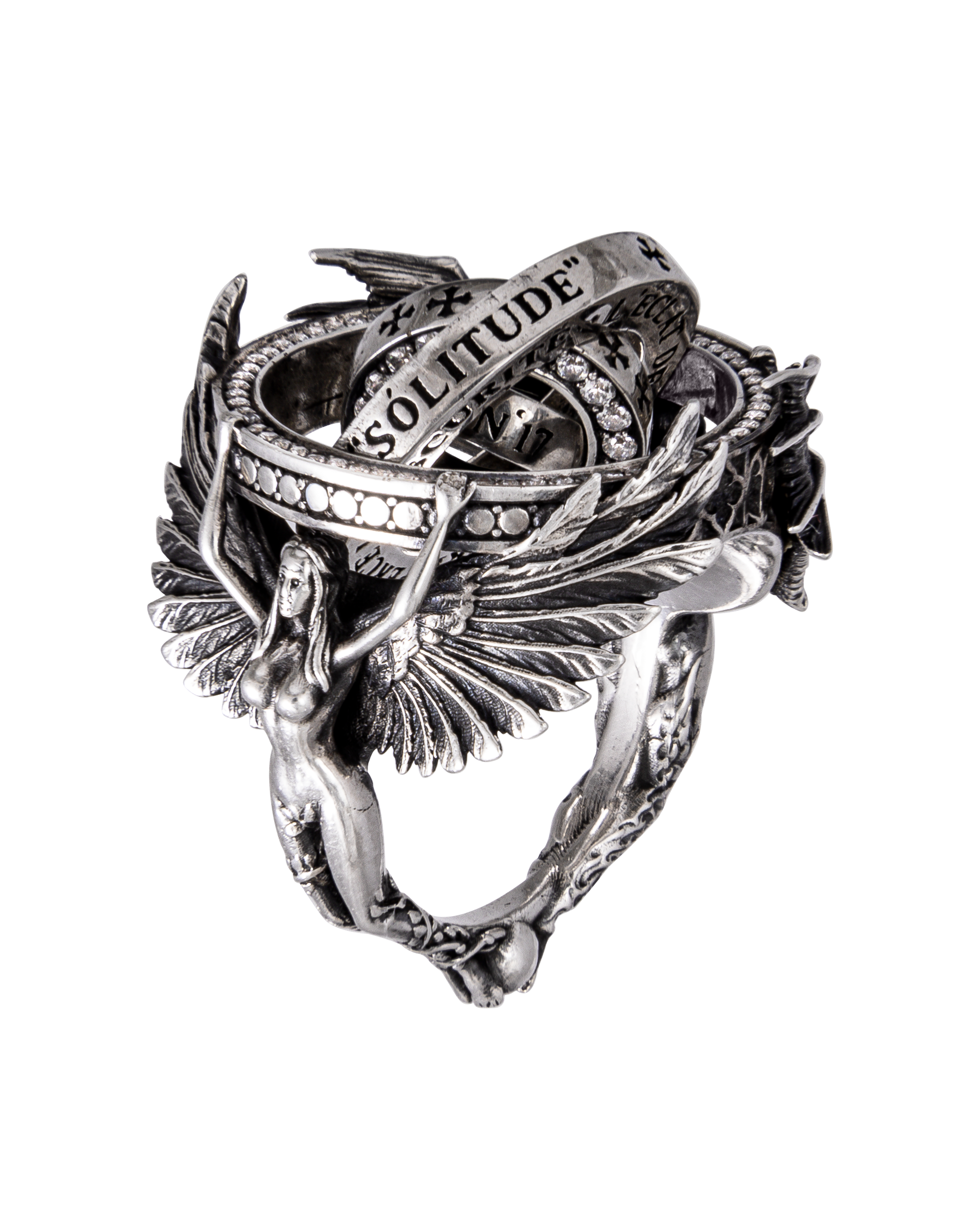 handcrafted 925 sterling silver kinetic masterpiece with oxidized accents and polished edges. A limited edition for JewelryArchive, featuring precise motion mechanism, hand-set stones, luxury contemporary minimalism, and available via custom inquiry for collectors. Heaven Hell  Clear.jewelry 