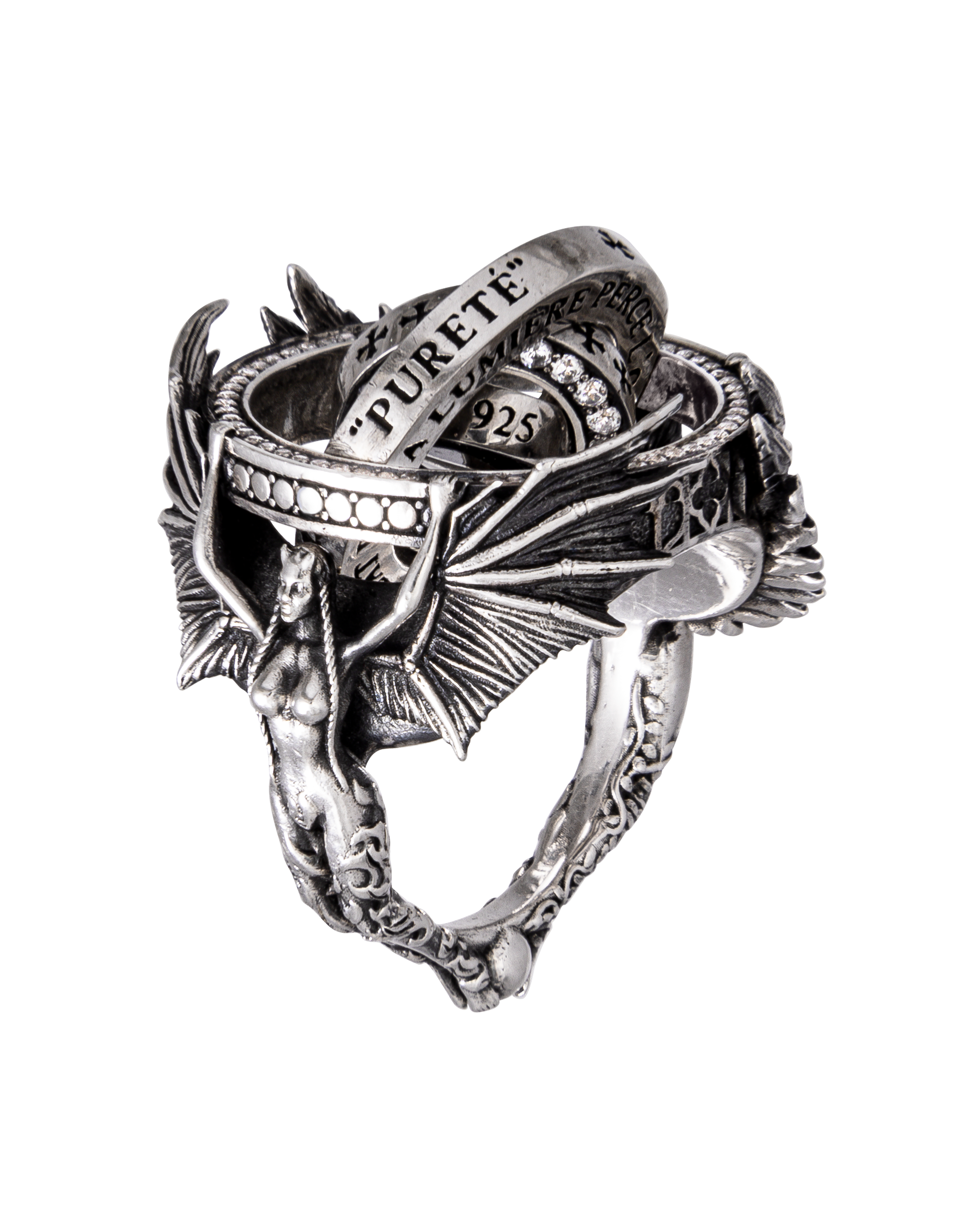 Primary gallery photo of Heaven Hell by Clear Jewelry — exclusive 925 sterling silver kinetic ring with oxidized details and hand-set fianites. Showcasing high-precision motion mechanism, combined polished and matte finishes, luxury limited edition craftsmanship, highlighted by JewelryArchive, and open for custom inquiry.