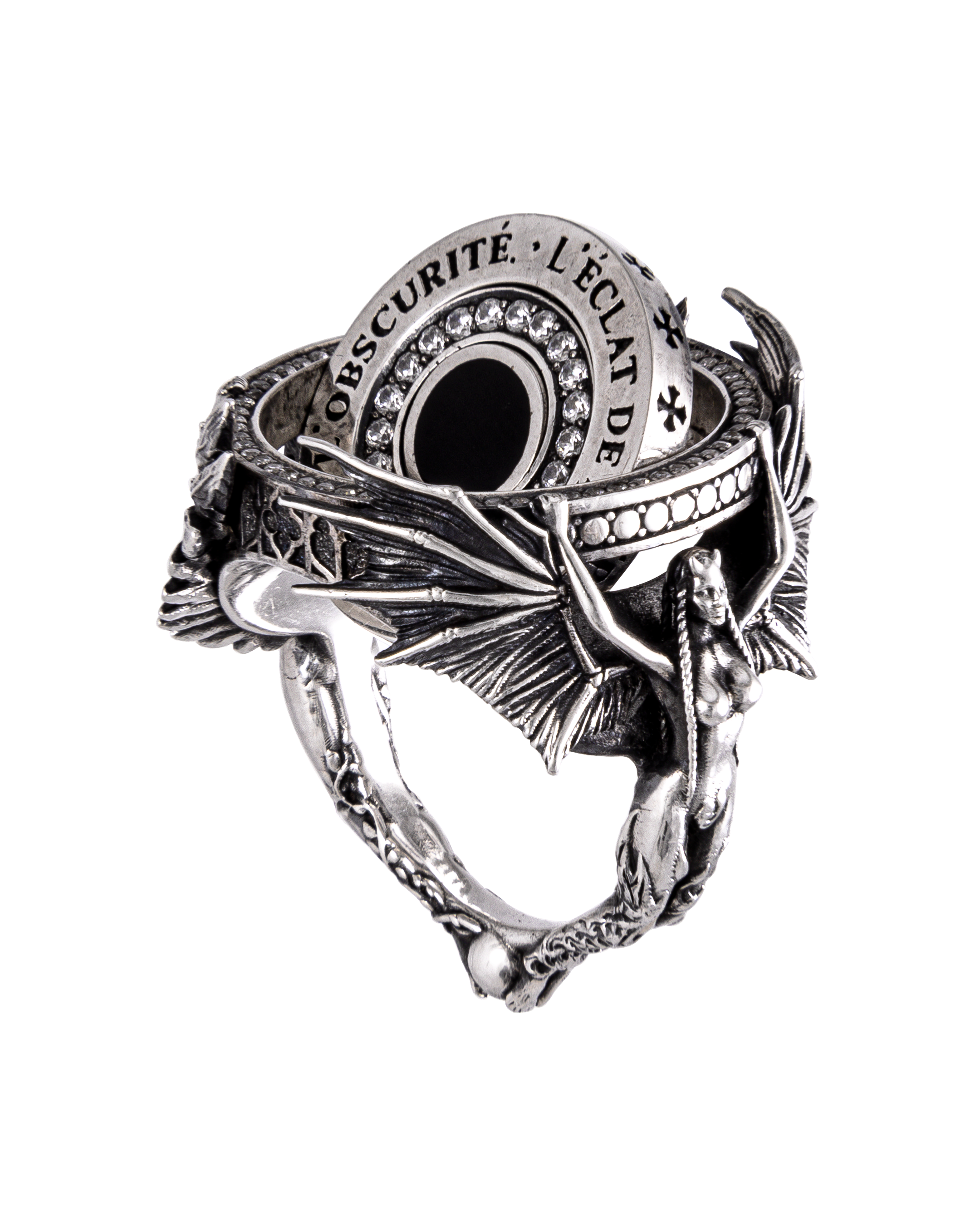 Three-quarter angle of Clear Jewelry Heaven Hell silver ring — luxury handcrafted 925 sterling creation, Jewelry.Archive feature, highlighting kinetic motion, duality concept, and contemporary minimalism.
