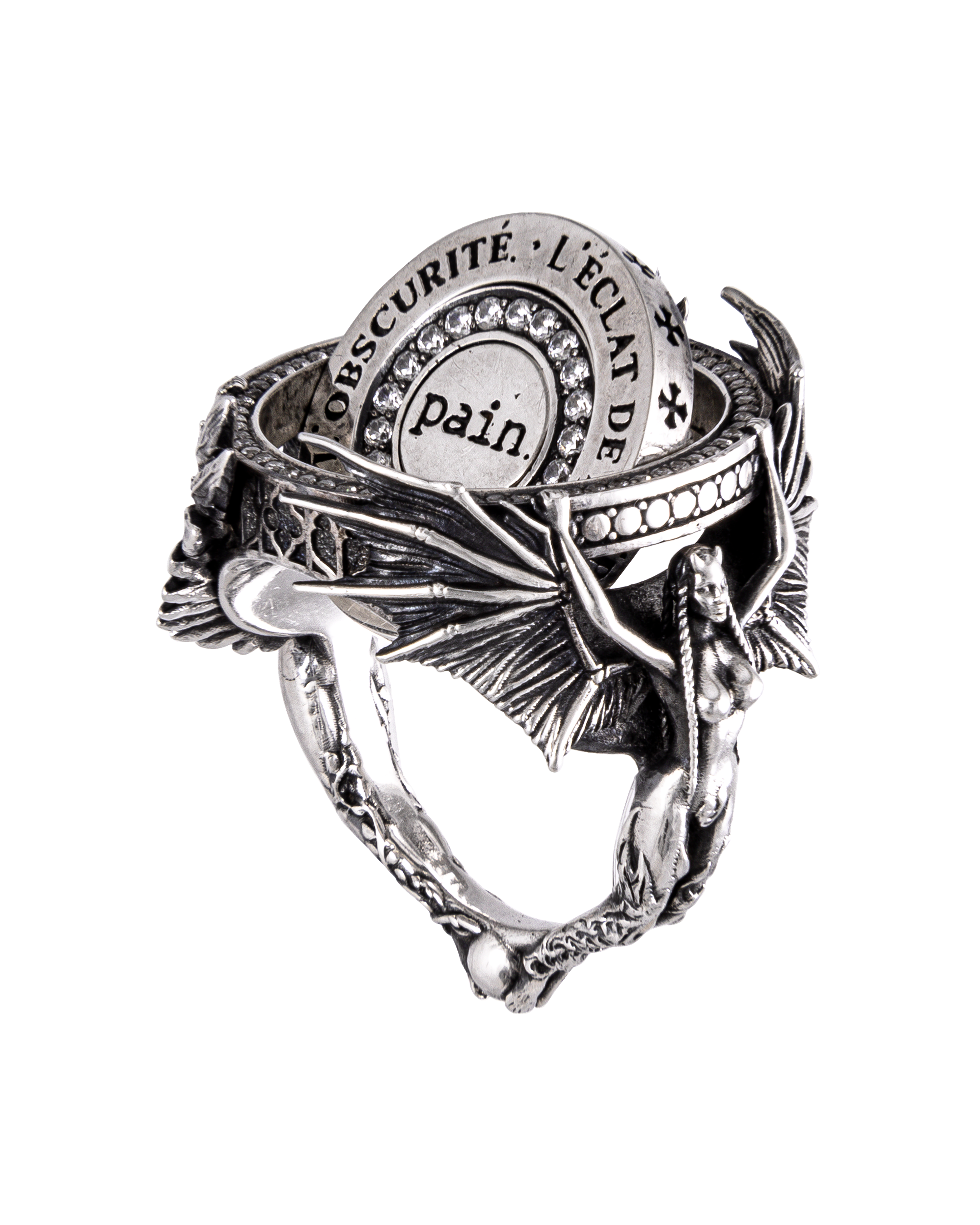 3/4 perspective of Heaven Hell limited edition ring by Clear Jewelry — sterling silver kinetic jewelry art, JewelryArchive highlight, merging luxury design, fine detailing, and symbolic storytelling.