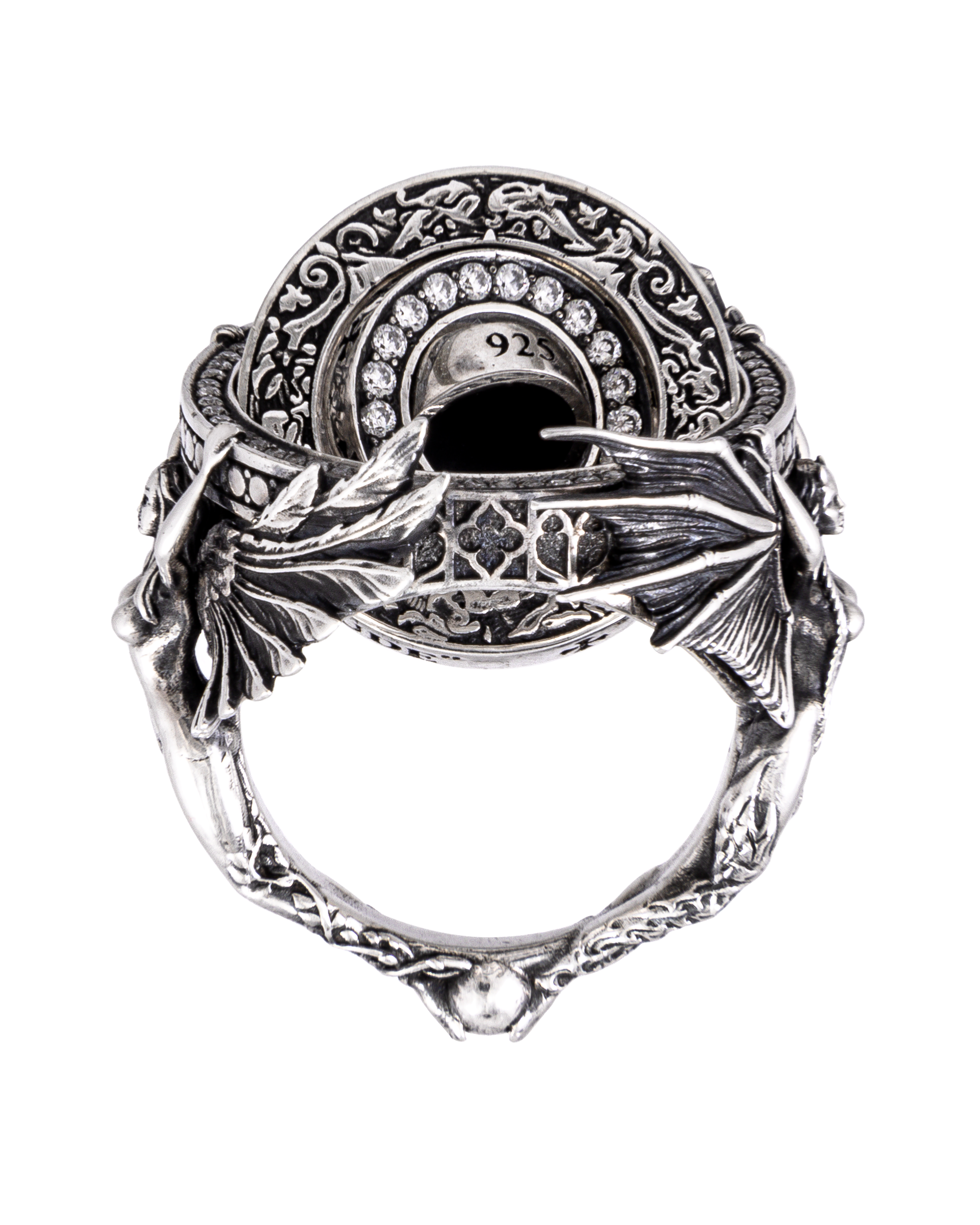 Silver Heaven Hell kinetic ring by Clear Jewelry — upward side profile showcasing oxidized finishes, luxury craftsmanship, and precise motion mechanics. A JewelryArchive limited edition, handcrafted from 925 sterling silver, merging symbolic storytelling with contemporary design. Perfect for custom inquiry from connoisseurs of fine, kinetic art jewelry.