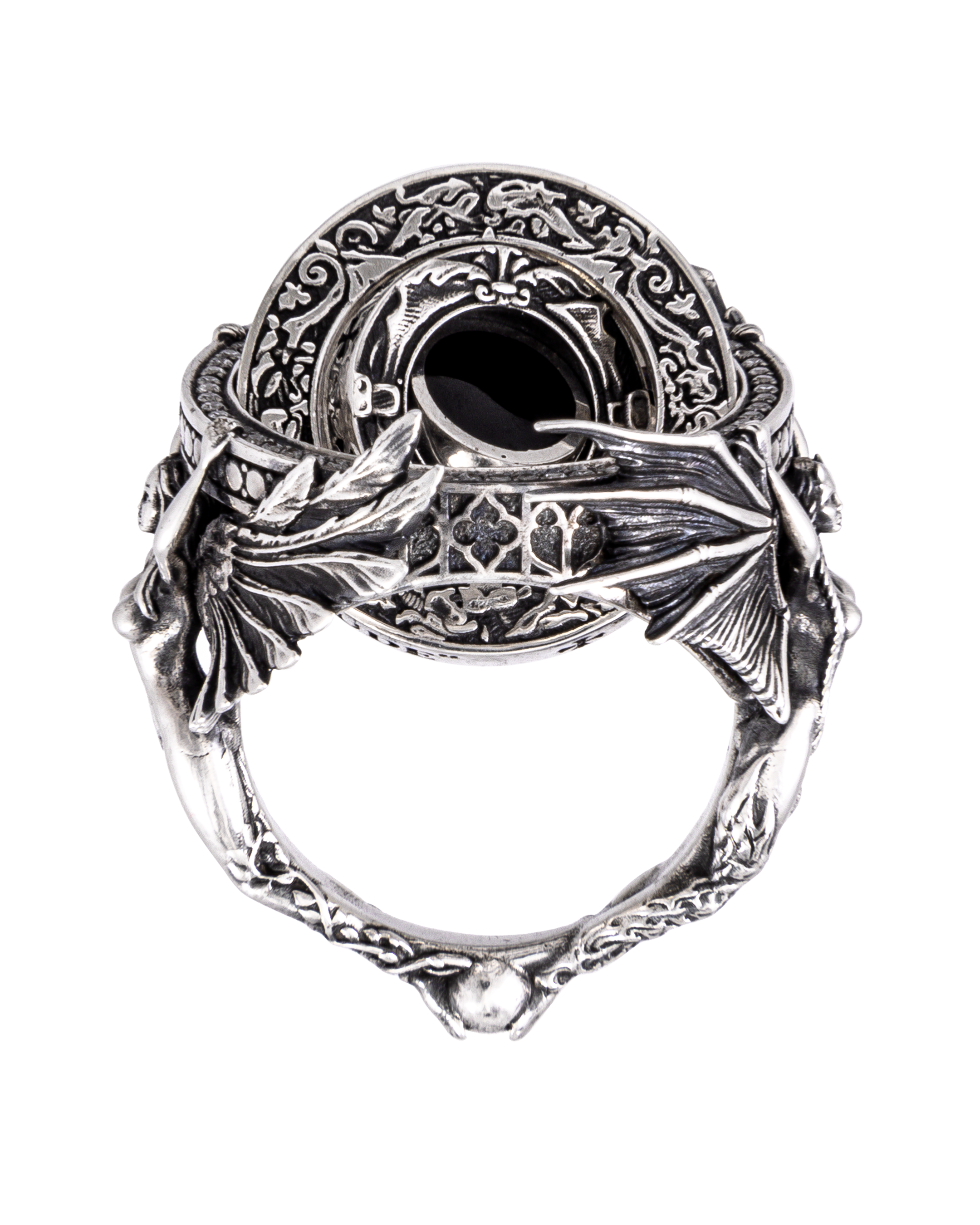 Upward-angled profile of Heaven Hell ring — Clear Jewelry handcrafted kinetic masterpiece in oxidized 925 sterling silver. A limited edition luxury piece highlighted by JewelryArchive, its shimmering polish and duality concept reflect contemporary art jewelry excellence. Available through custom inquiry for collectors seeking rare, statement-making design.