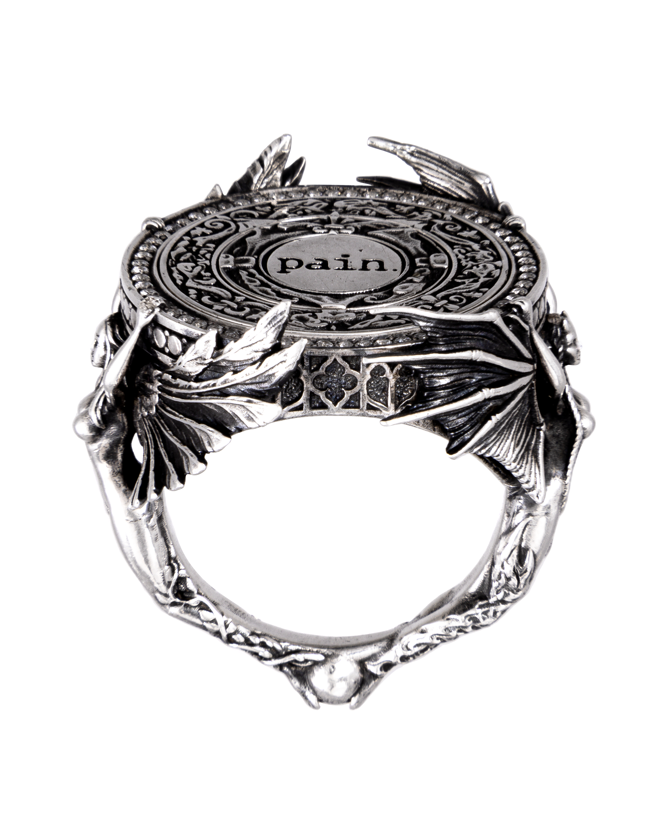 Side profile of Clear Jewelry Heaven Hell silver ring — luxury limited edition 925 sterling piece, JewelryArchive showcase, displaying polished finish, kinetic artistry, and contemporary elegance.