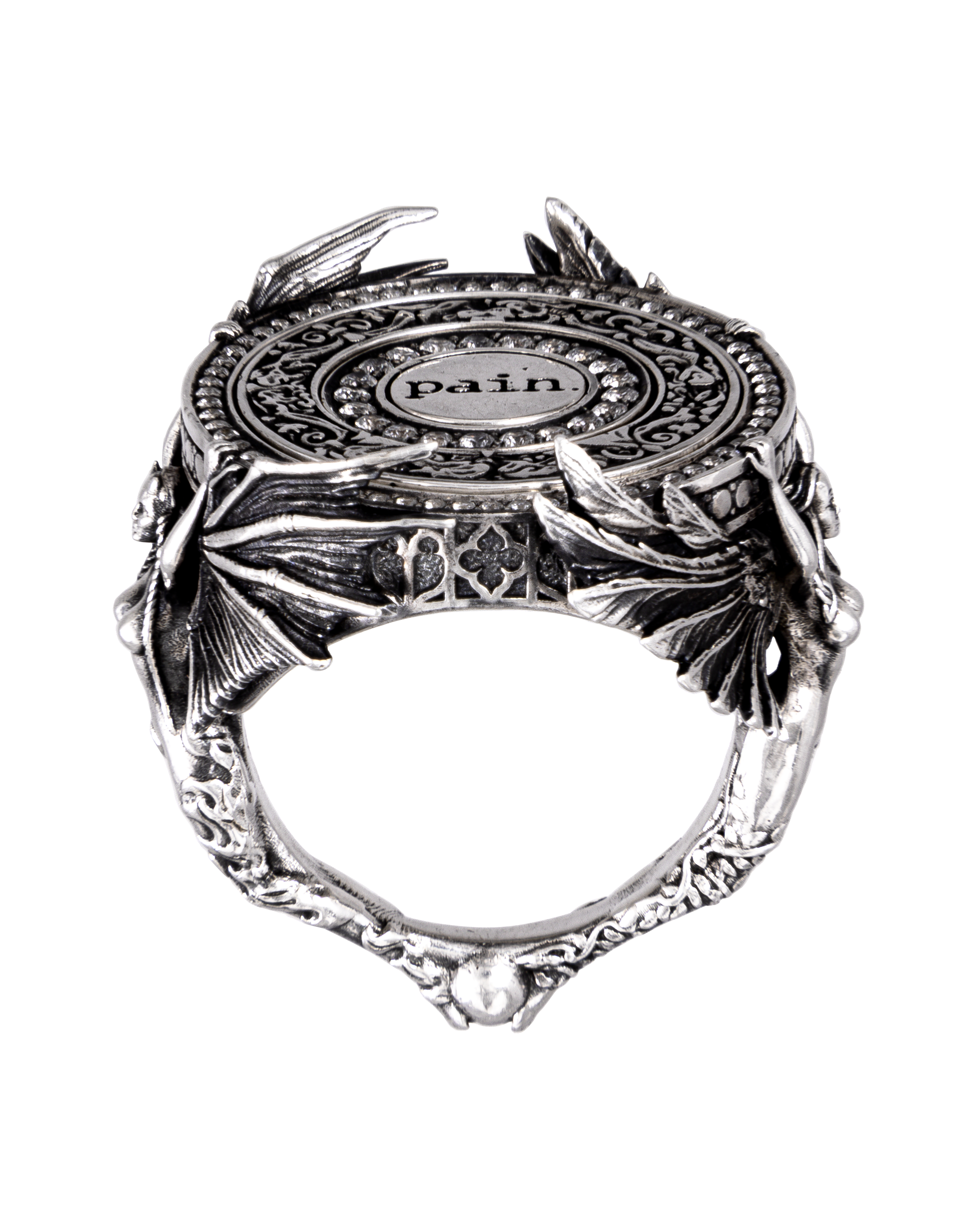 Profile view of Heaven Hell ring — Clear Jewelry 925 sterling silver kinetic masterpiece, limited edition from JewelryArchive, showing side detailing, dual nature, and refined craftsmanship.