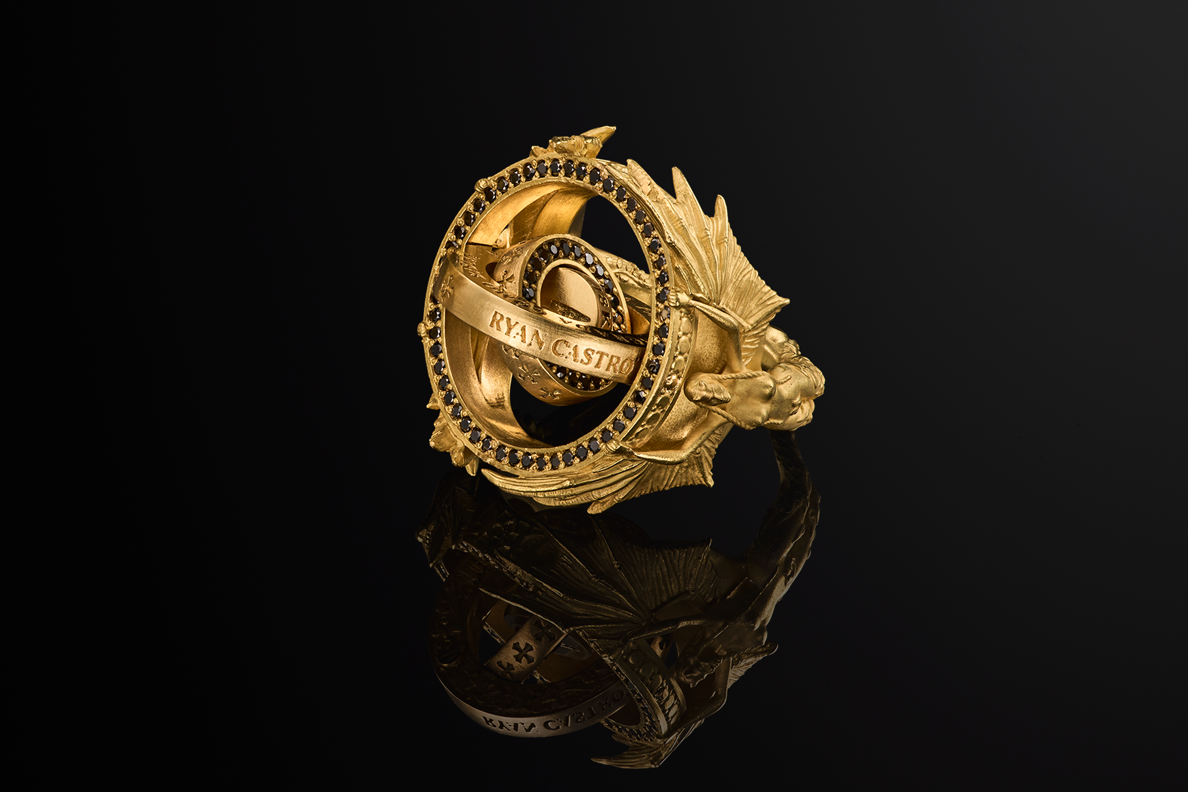 Side profile highlighting “RYAN CASTRO” engraving and structural depth of the piece. Heaven & Hell ring (II/II), 18K gold with black diamond micro-pave
